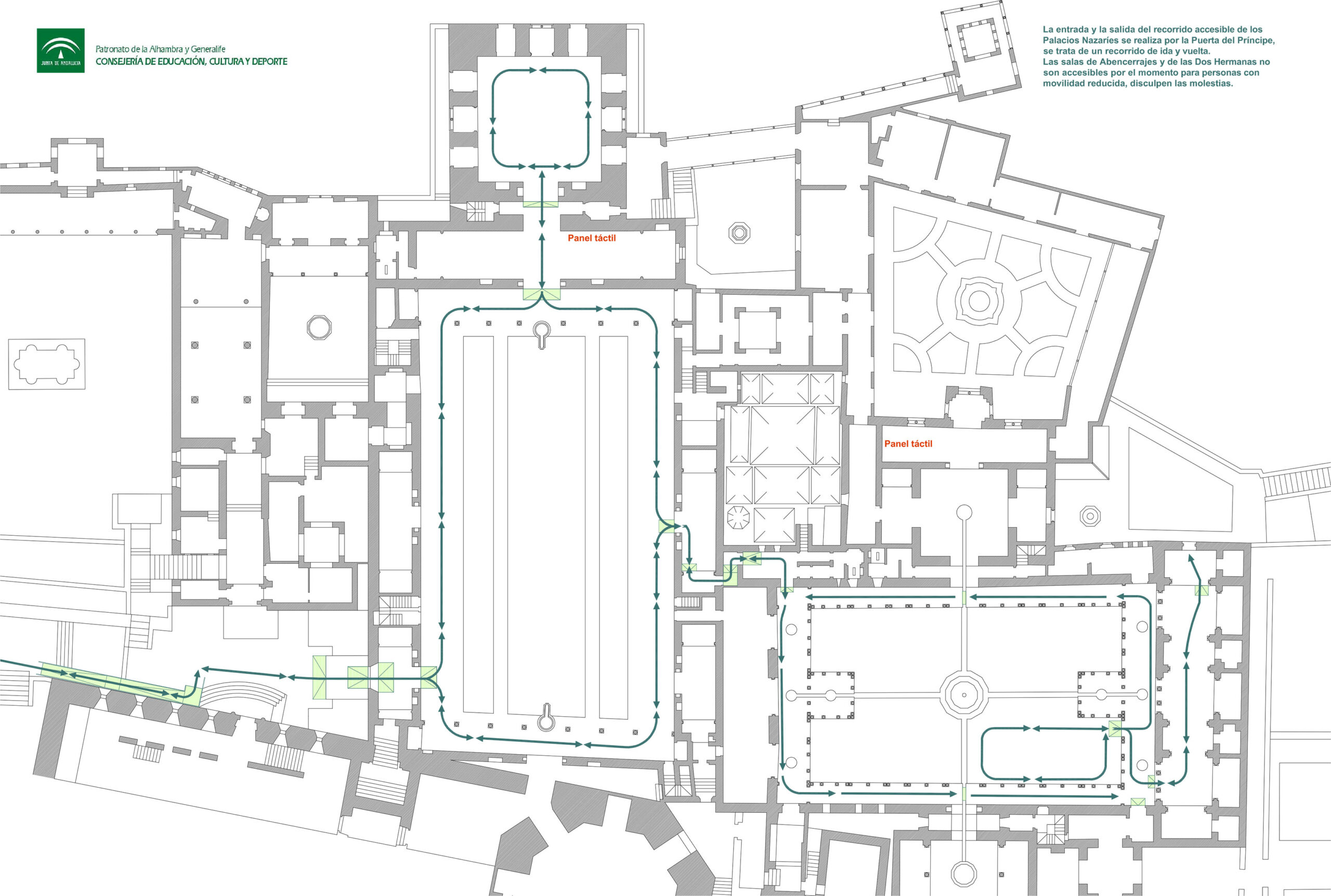 Mapa del recorrido de los Palacios Nazaríes de la Alhambra para personas con discapacidad