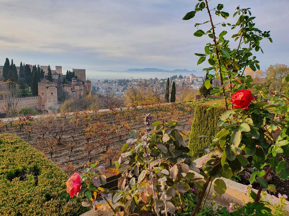 Huertas del Generalife con la Alhambra y Granada de fondo