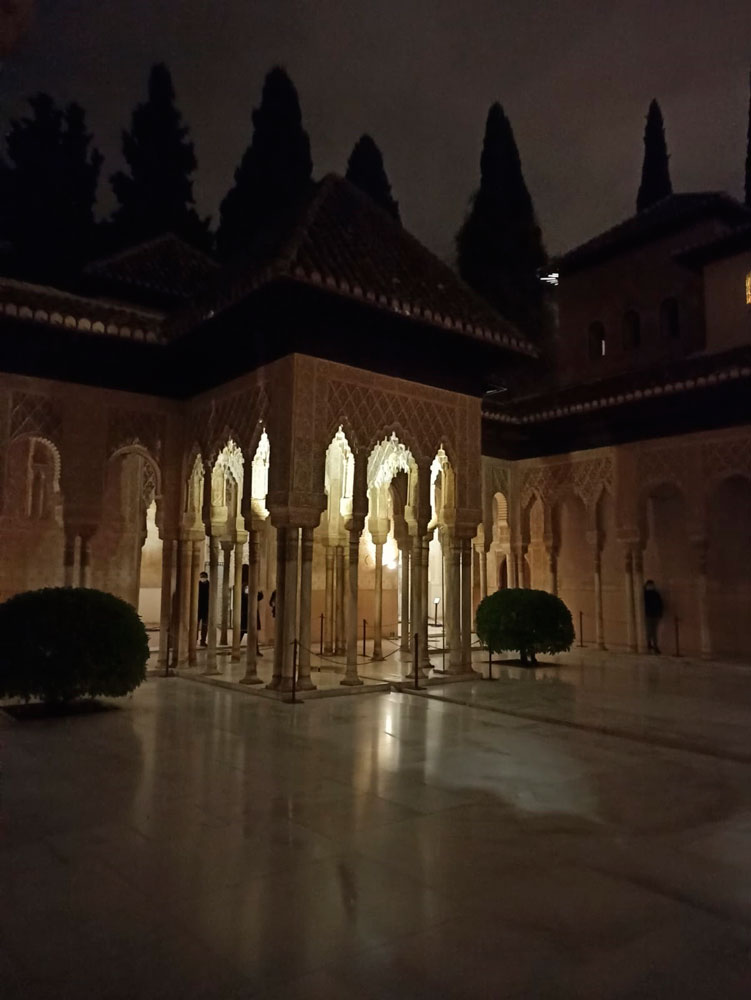 Pabellón norte del Patio de los Leones de la Alhambra en una visita nocturna