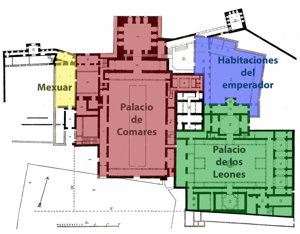 Plano de los diferentes palacios que conforman el conjunto de los Palacios Nazaríes de la Alhambra