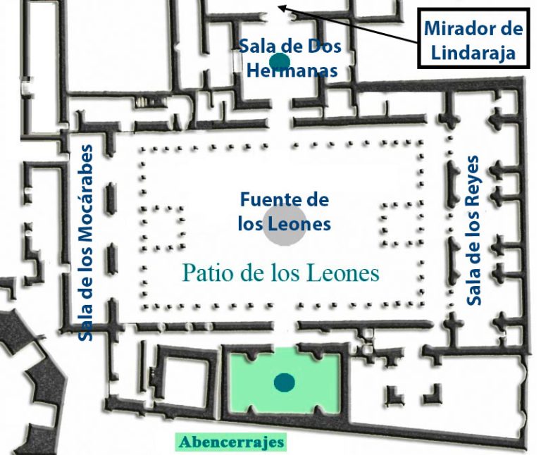 Plano del Palacio de los Leones con el nombre de las diferentes estancias y habitaciones